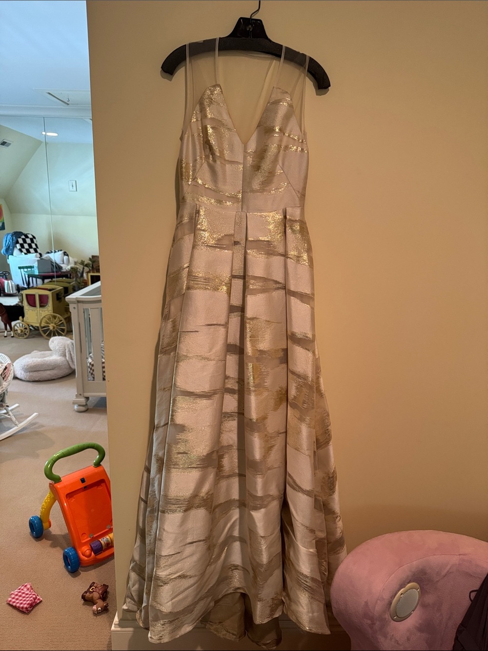 Lela Rose White and Gold Striped V-Neck Formal Gown